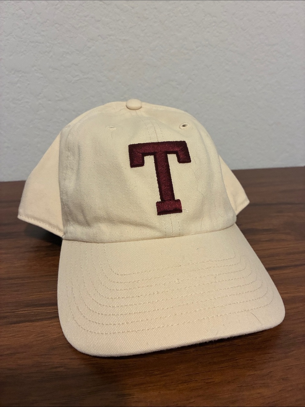 Texas A&M Cream Baseball Hat with Maroon 'T' Embroidery